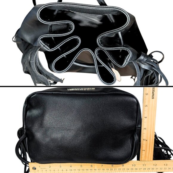 Victoria Secret NWT Black Faux Leather Drawstring Bucket Bag Backpack Tassels - Picture 4 of 7